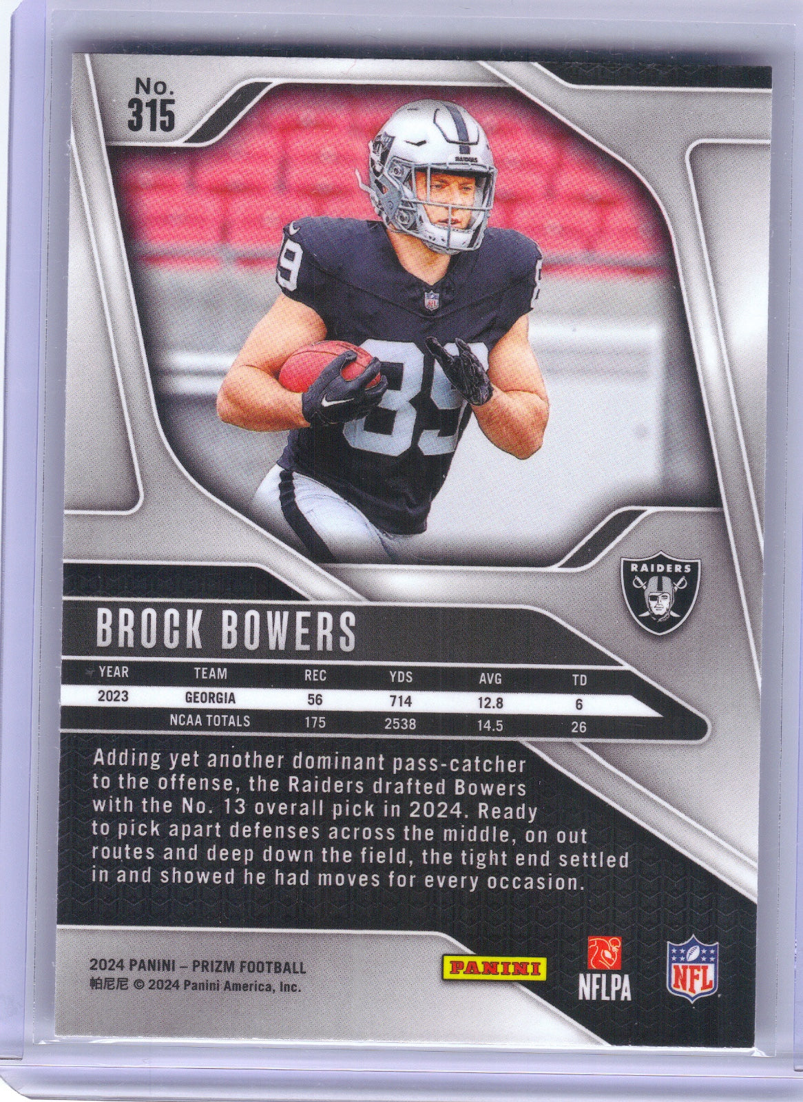 Brock Bowers Las Vegas Raiders 2024 Panini Prizm #315 RC (Back)
