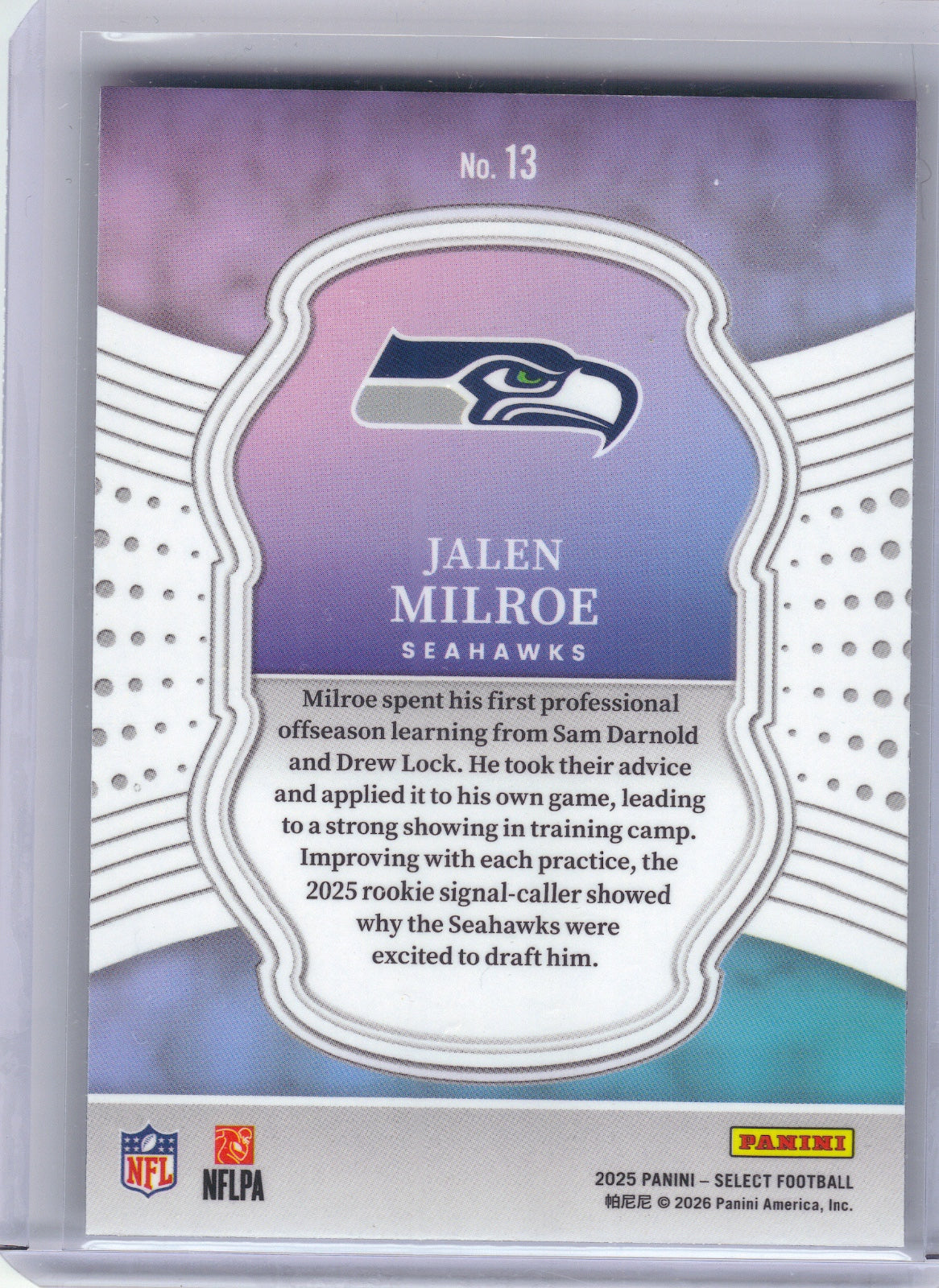 Jalen Milroe Seattle Seahawks 2025 Panini Select - Select Certified Rookies #13 (Back)