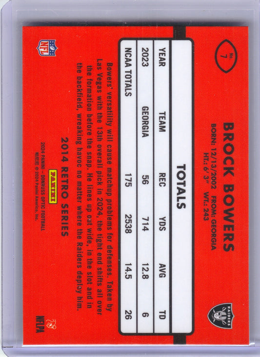 Brock Bowers Las Vegas Raiders 2024 Donruss Optic - 2014 Retro Series #7 (Back)