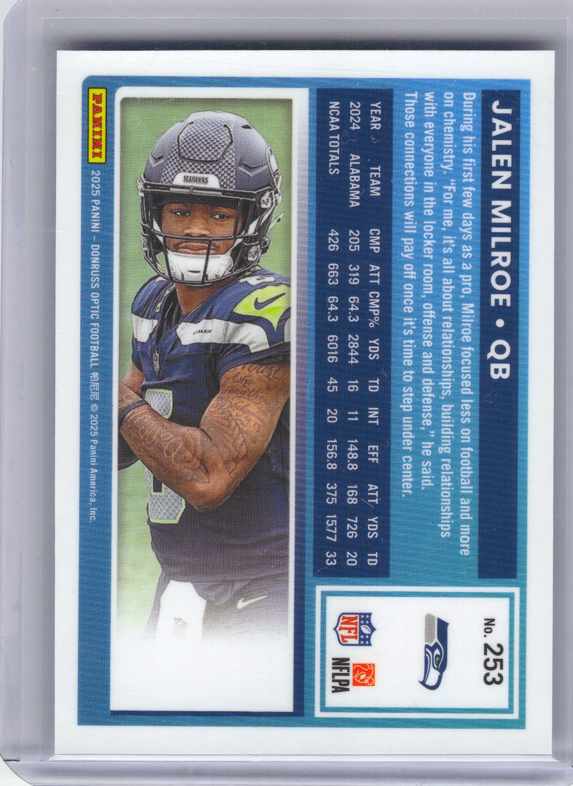 Jalen Milroe Seattle Seahawks 2025 Donruss Optic #253 RC (Back)